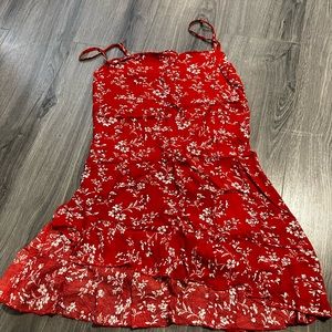 Red floral mini swing dress with spaghetti straps